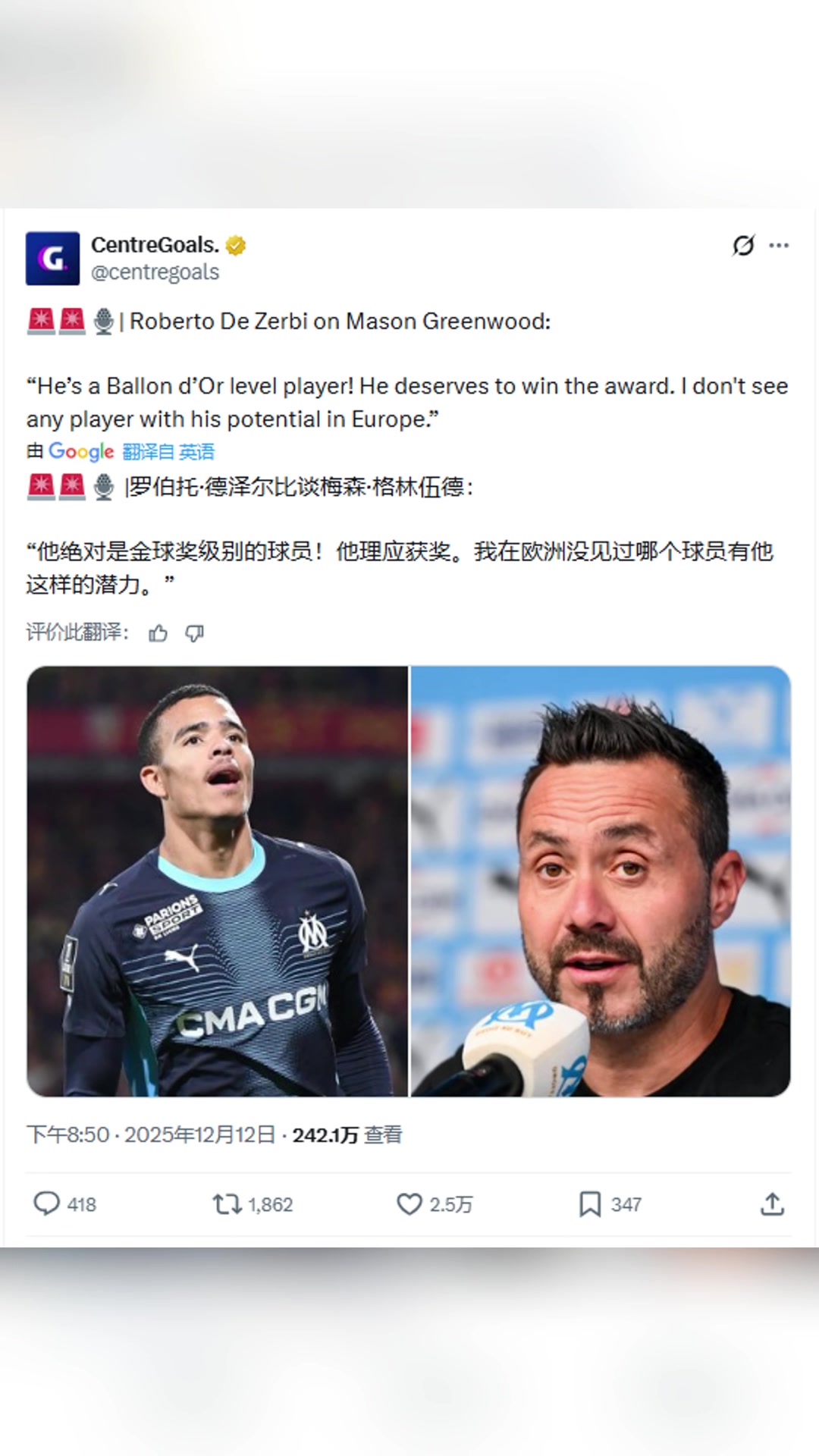 德泽尔比格林伍德绝对是金球奖级别的球员他理应获奖